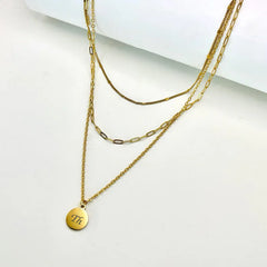 Custom Multi Strand Necklace, Mixed Chains Necklace, Engraved Disc Necklace in Gold Silver, Triple Layer Necklace
