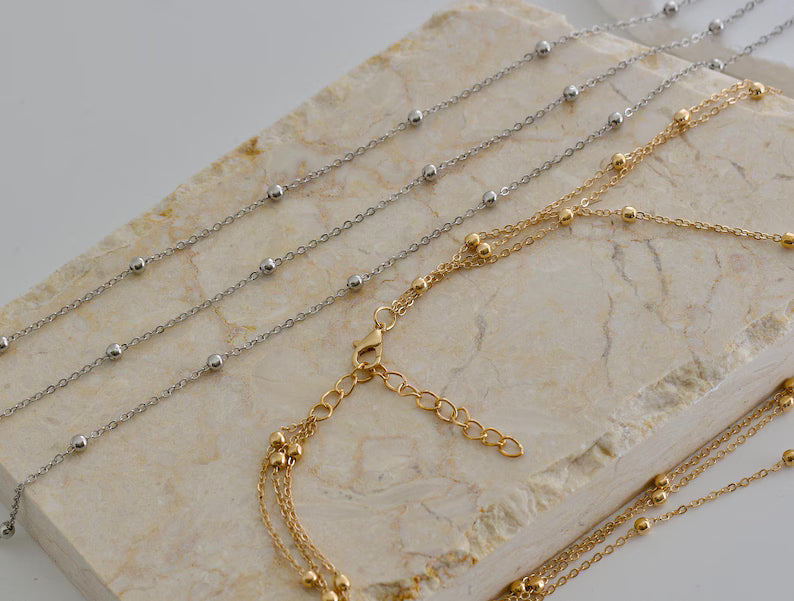 silver or gold multi layer necklace set, gold layered stacking jewelry, layering satellite necklace, simple triple layering necklace